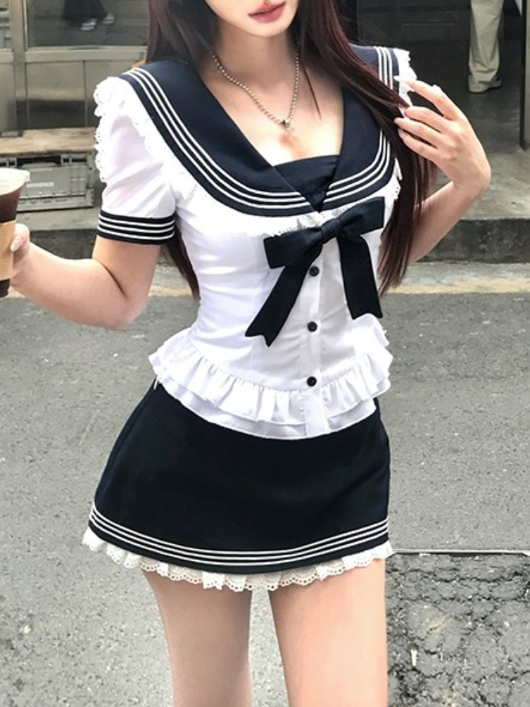 Summer Japanese Clothing - College Style Bow Sweet Two Piece